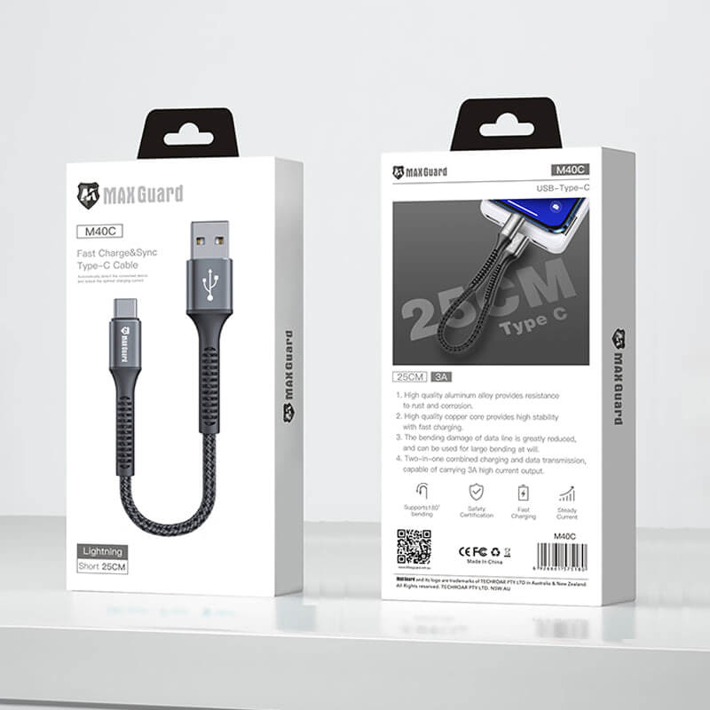 Maxguard USB-A to Type-C Braided Charging Cable 25cm 3A Black