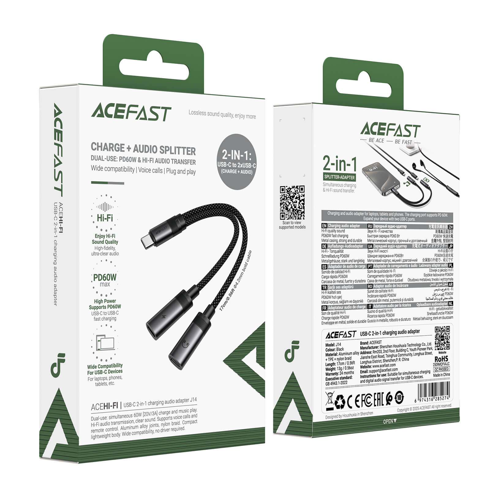 Acefast USB-C Dual Port Adapter for Simultaneous Charging and Earphone Use J14
