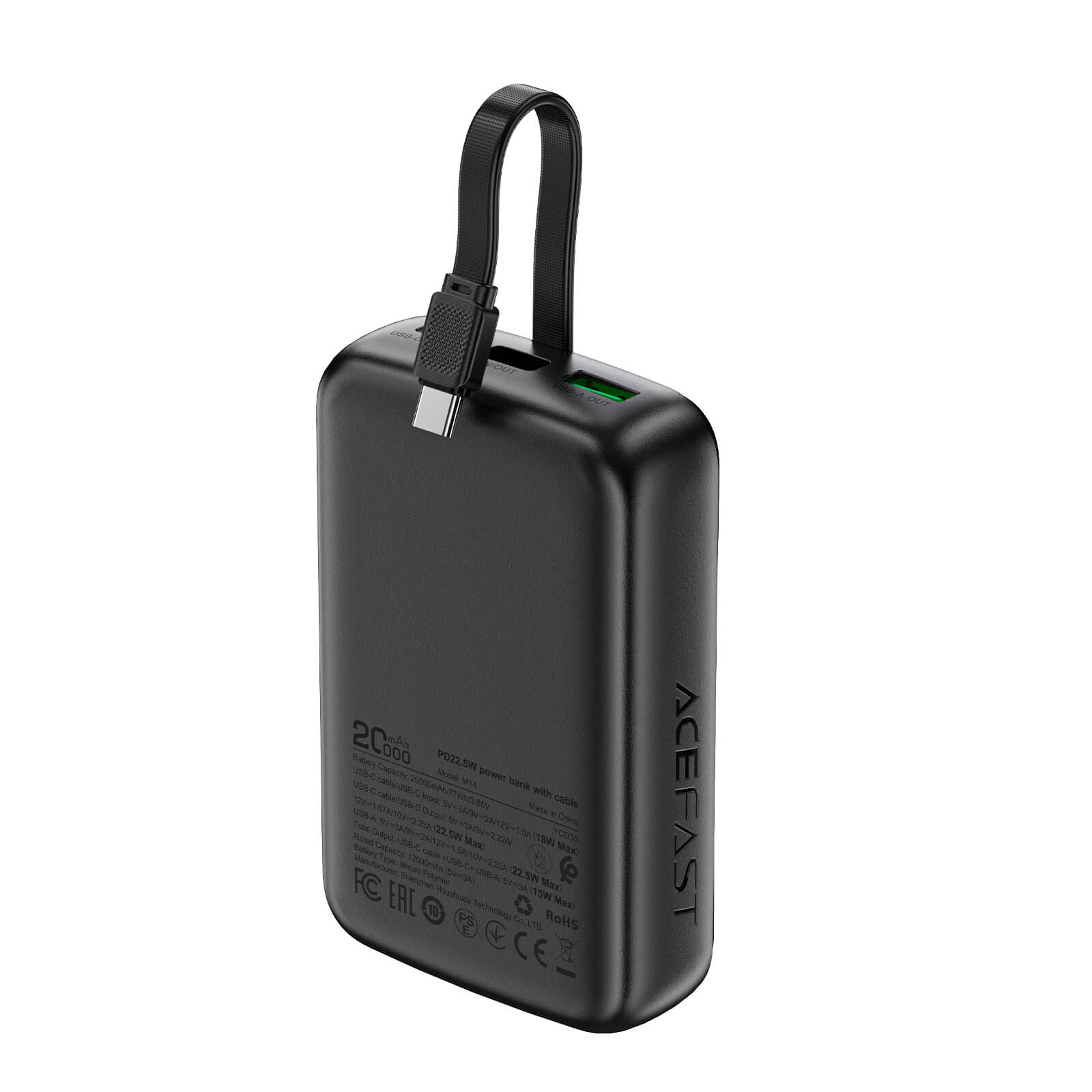 Acefast 20000mAh PD 22.5W Fast Charging Power Bank with Built-in Type-C Cable M14