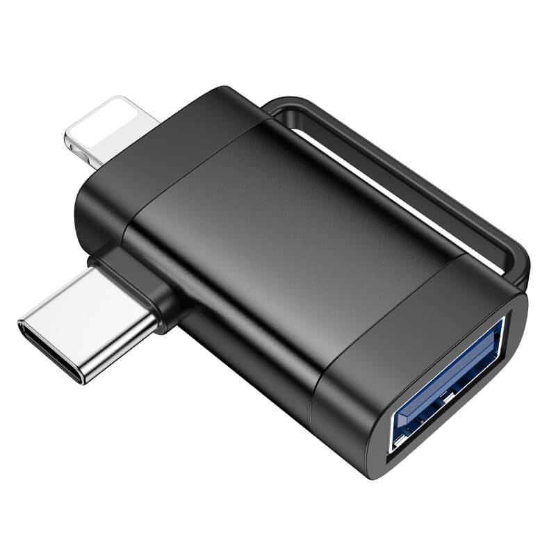 Hoco 2 in 1 Portable Mini Adapter OTG Lightning & Type-C Male to USB-A Female Black