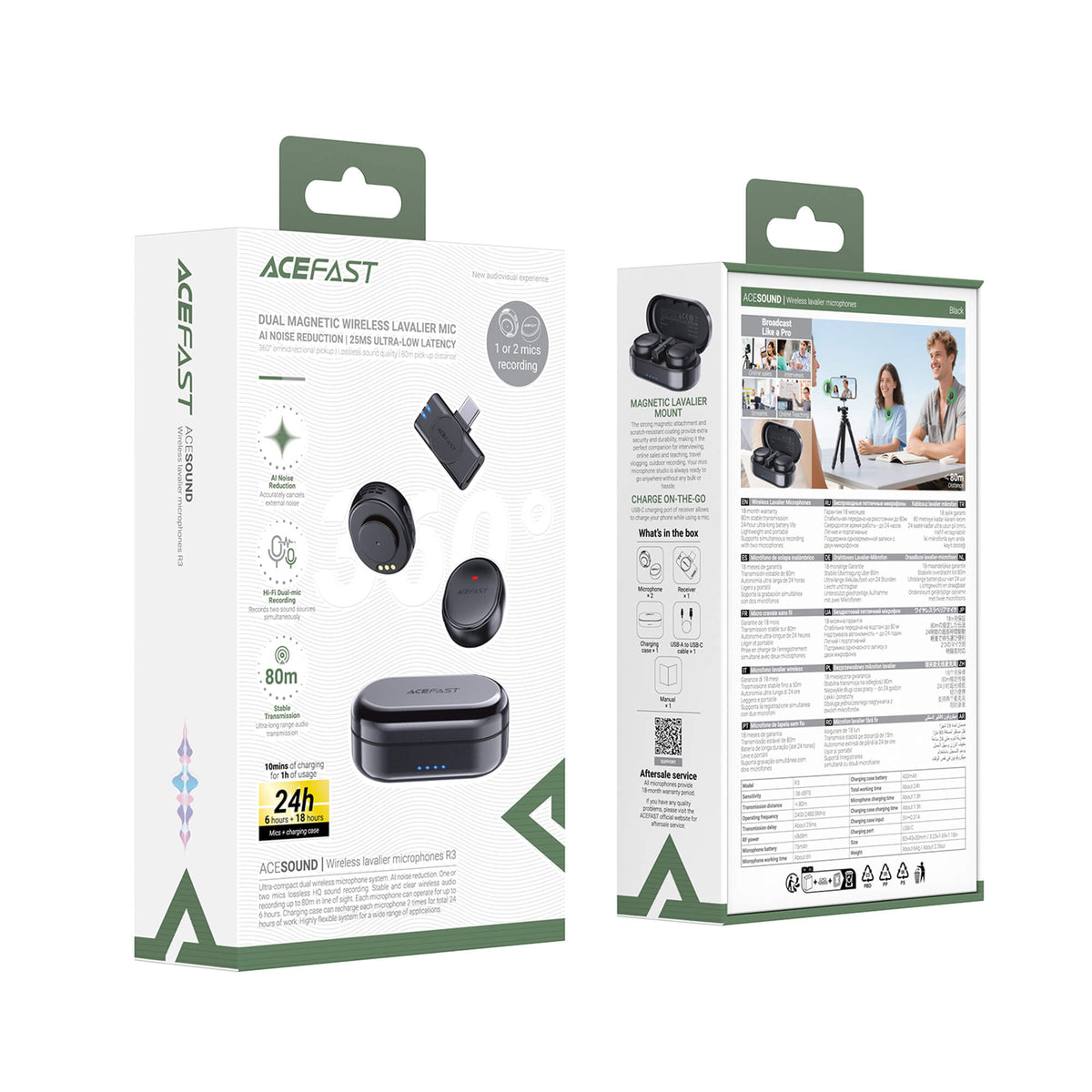 Acefast AI Noise Reduction 24h Battery Wireless Lavalier Microphone R3