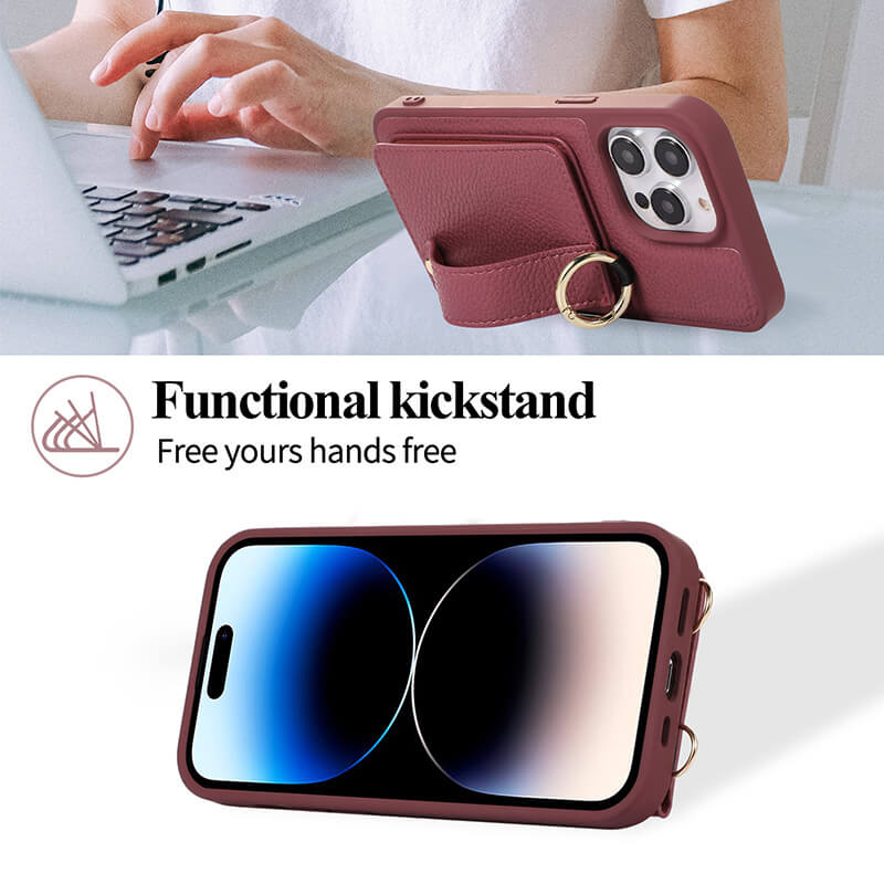 iPhone 14 Pro Lychee Pattern Wrist Strap Lanyard Card Holder Phone Case