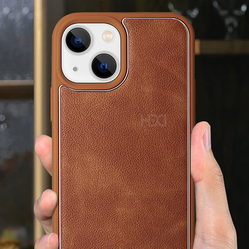 iPhone 12/12 Pro HDD Lychee Pattern Leather Rose Gold Metal Line Phone Case