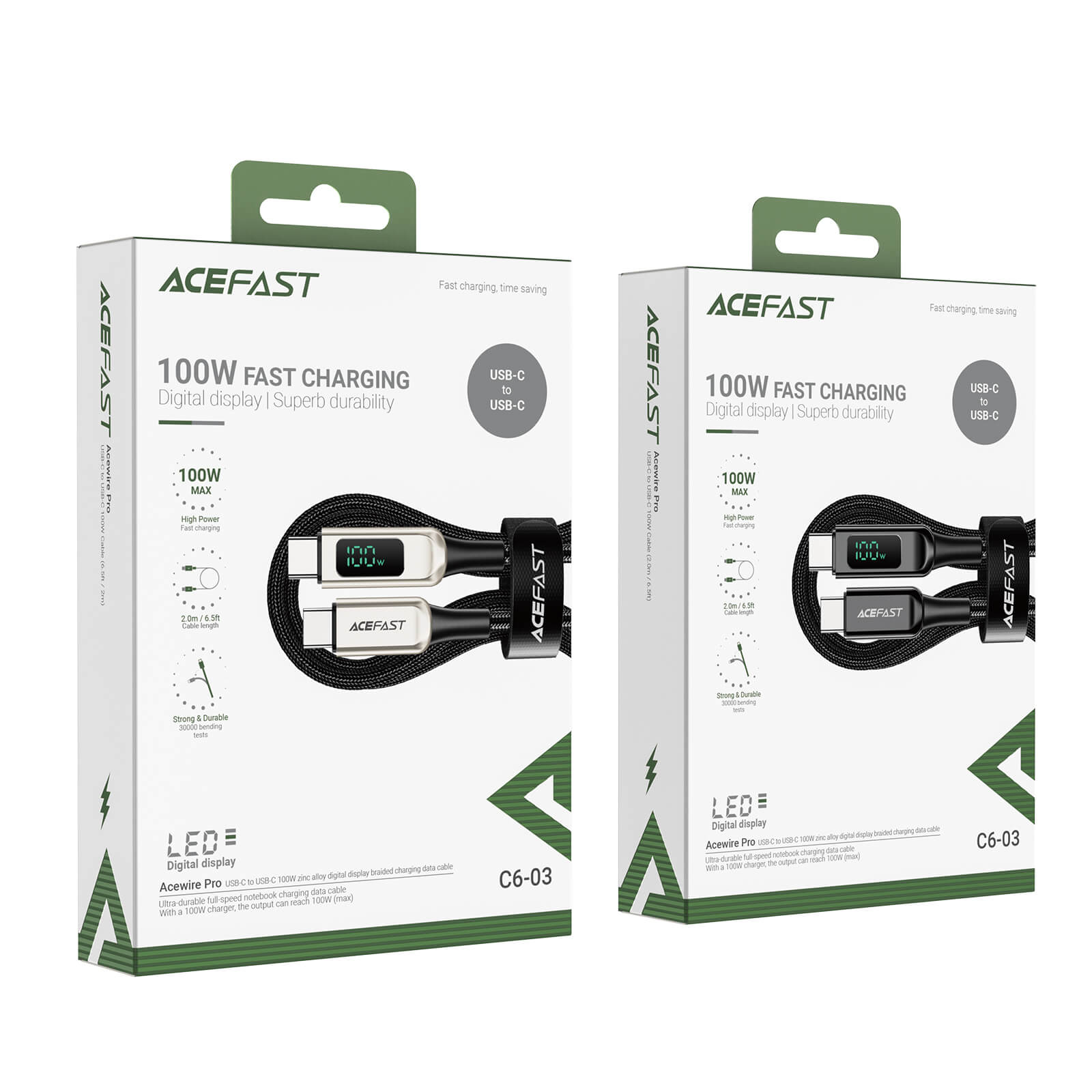 Acefast Type-C to Type-C 100W Zinc Alloy Digital Display Braided Charging Data Cable (2M) C6-03