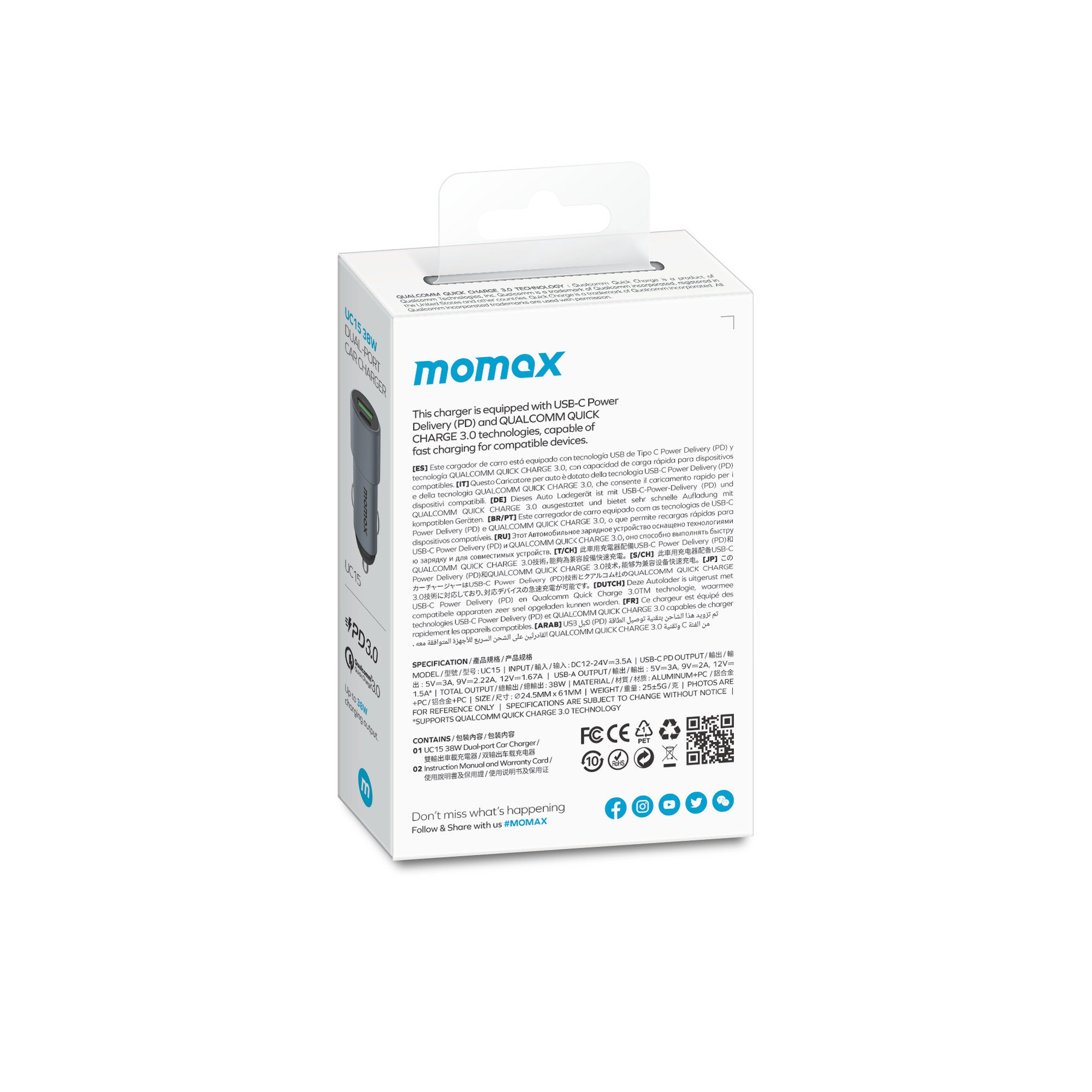 Momax Elite 38W Dual Output QC3.0 Fast Car Charger UC15