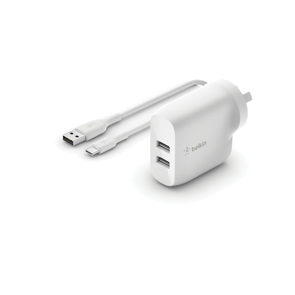 Belkin BoostCharge Dual USB-A Wall Charger 24W with USB-A to Type-C cable