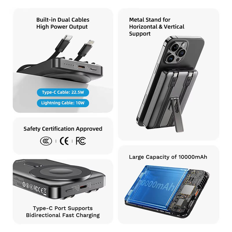 Rock PD 20W 5-in-1 Magnetic Wireless Power Bank with Built-in Cables and Stand P50