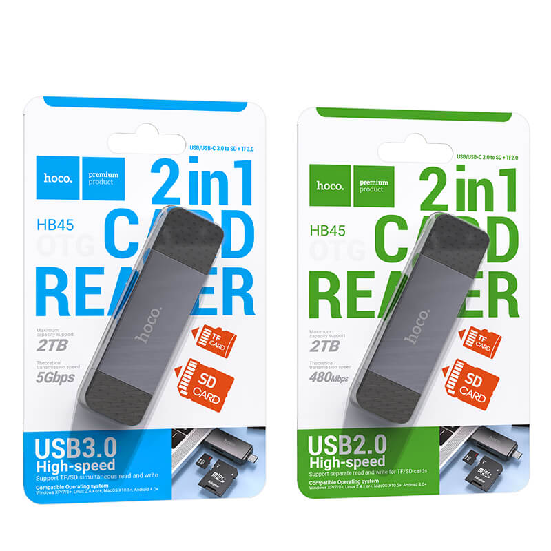 hoco Dual-Port Memory Card Reader USB-C & USB-A for SD/TF Cards HB45