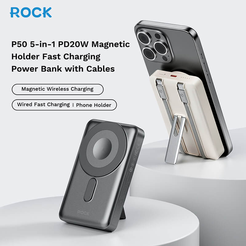 Rock PD 20W 5-in-1 Magnetic Wireless Power Bank with Built-in Cables and Stand P50