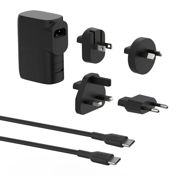 Hybrid Wall Charger 25W + Power Bank 5K 3.3ft/1m USB-C to USB-C cable Interchangeable regional power plugs 