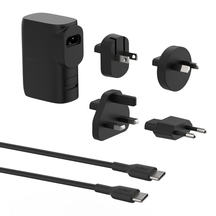 Hybrid Wall Charger 25W + Power Bank 5K 3.3ft/1m USB-C to USB-C cable Interchangeable regional power plugs 