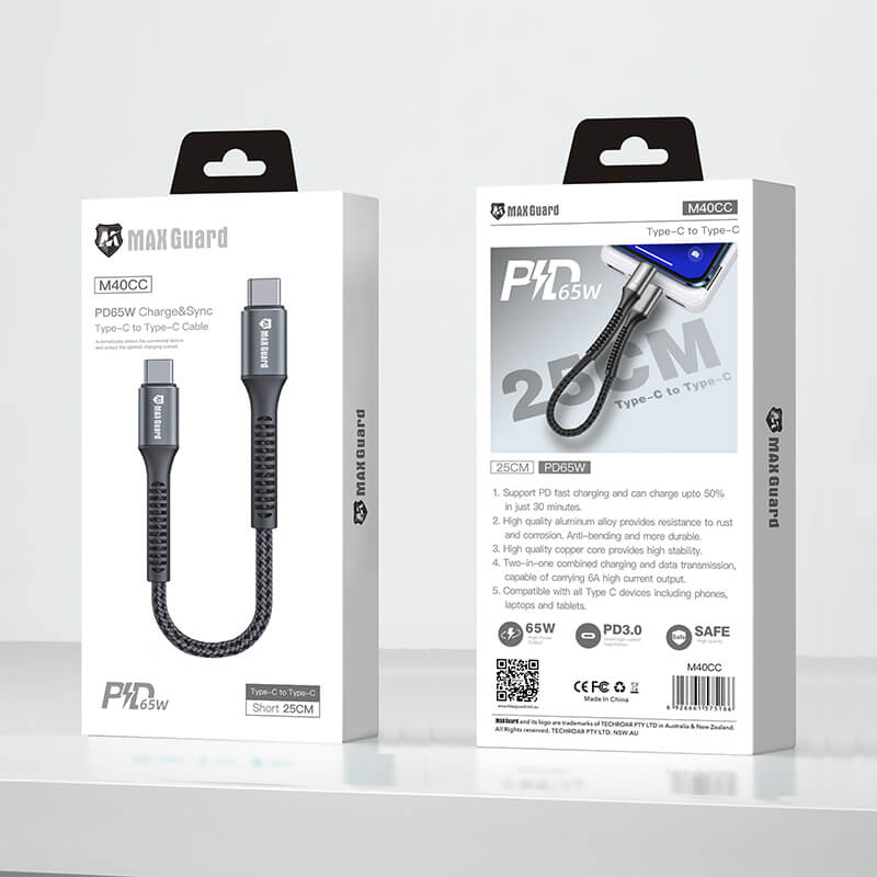 Maxguard Type-C to Type-C PD 65W Braided Fast Charging Cable 25cm Black
