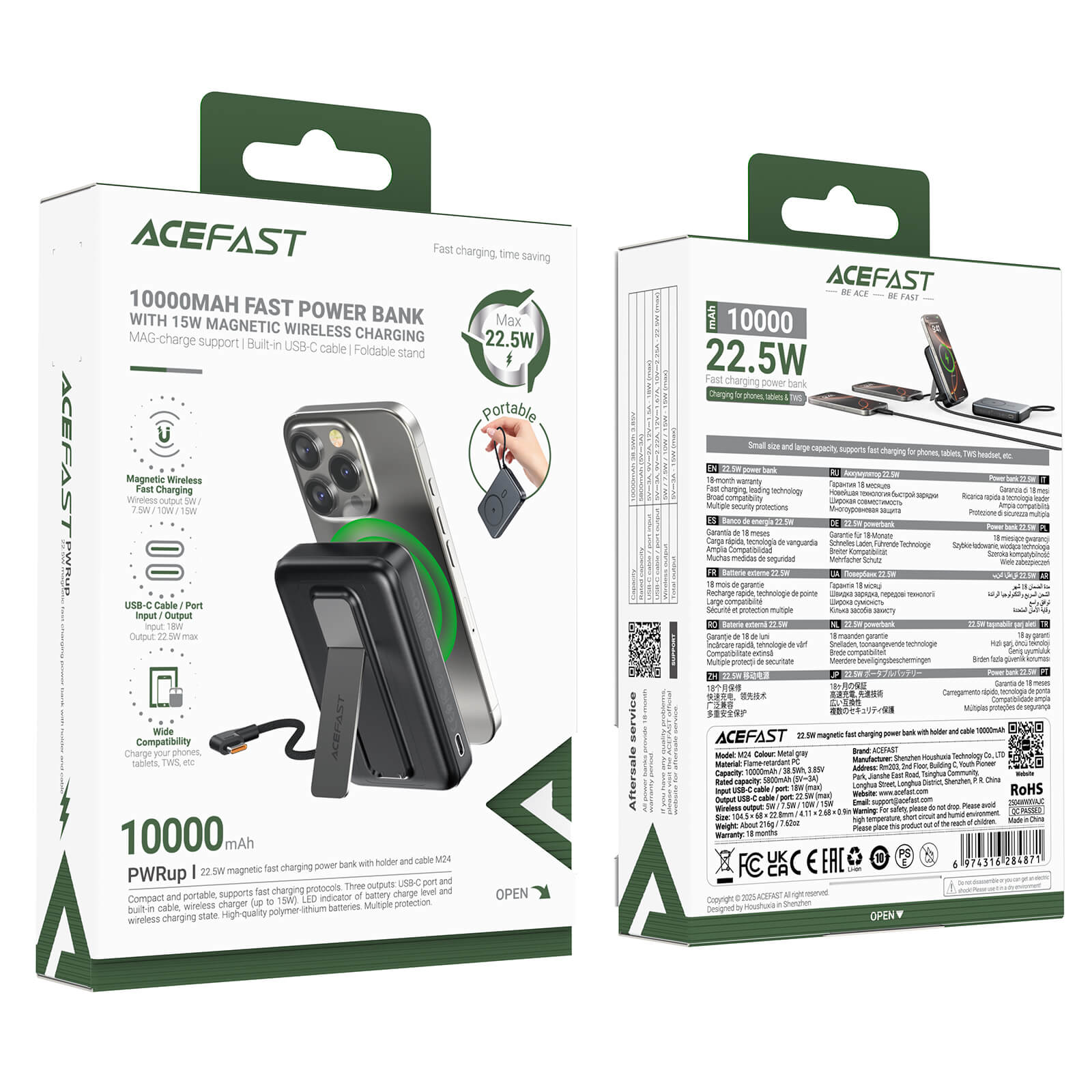 Acefast 10000mAh MagSafe Wireless Power Bank Built in Type-C Cable and Stand M24