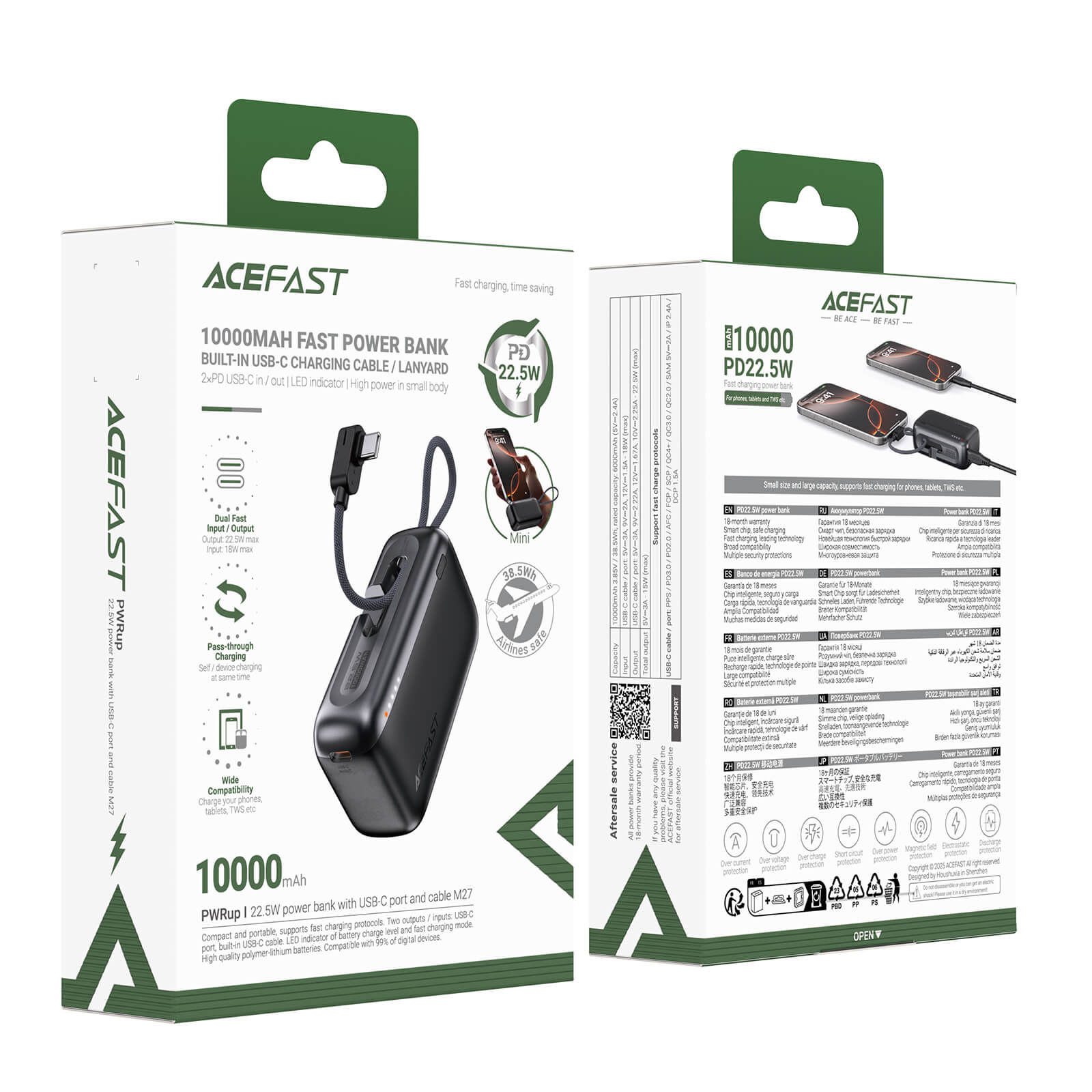 Acefast PD 22.5W Fast Charging 10000mAh Power Bank with Built in USB-C Cable M27