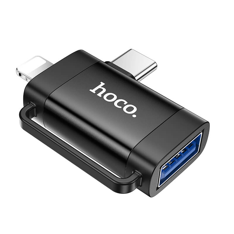 hoco. 2 in 1 Portable Mini Adapter OTG Lightning & Type-C Male to USB-A Female Black