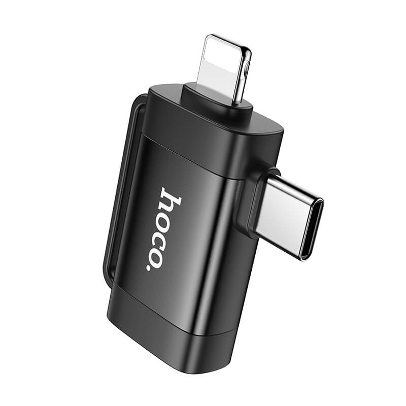hoco. 2 in 1 Portable Mini Adapter OTG Lightning & Type-C Male to USB-A Female Black