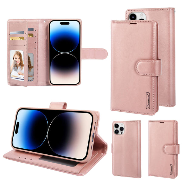 iPhone 16 Pro Hanman Mila Series Leather Dual Wallet Filp Case Rose Gold