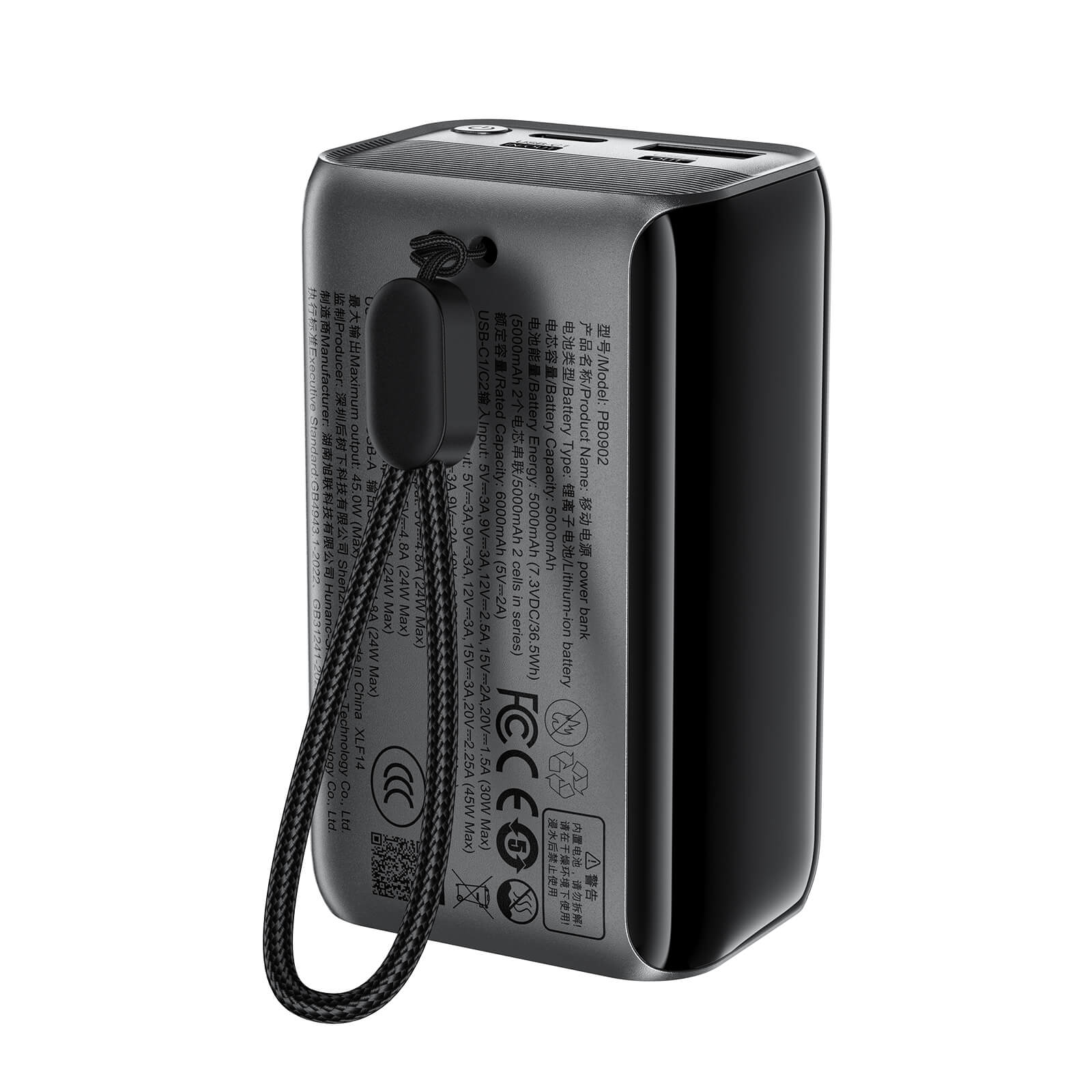 Acefast 10000mAh 45W Power Bank with Retractable Cable and TFT Display M37