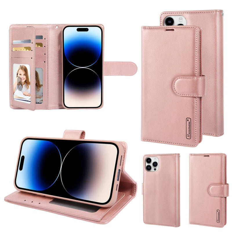 iPhone 16 Hanman Mila Series Leather Dual Wallet Filp Case Rose Gold