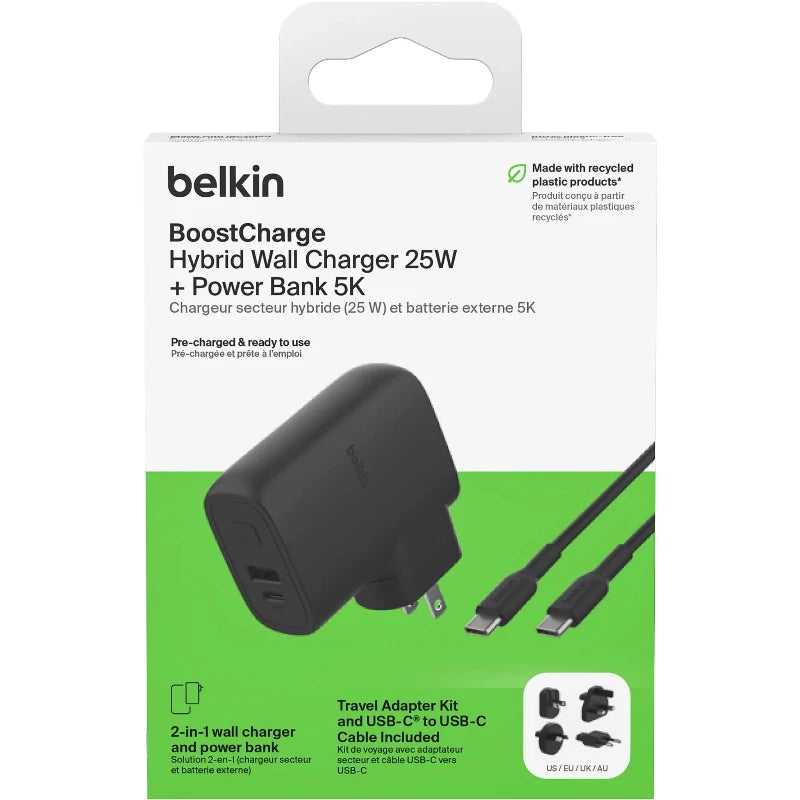 Belkin BoostCharge Hybrid Wall Charger 25W & Power Bank 5K & Travel Adapter Kit