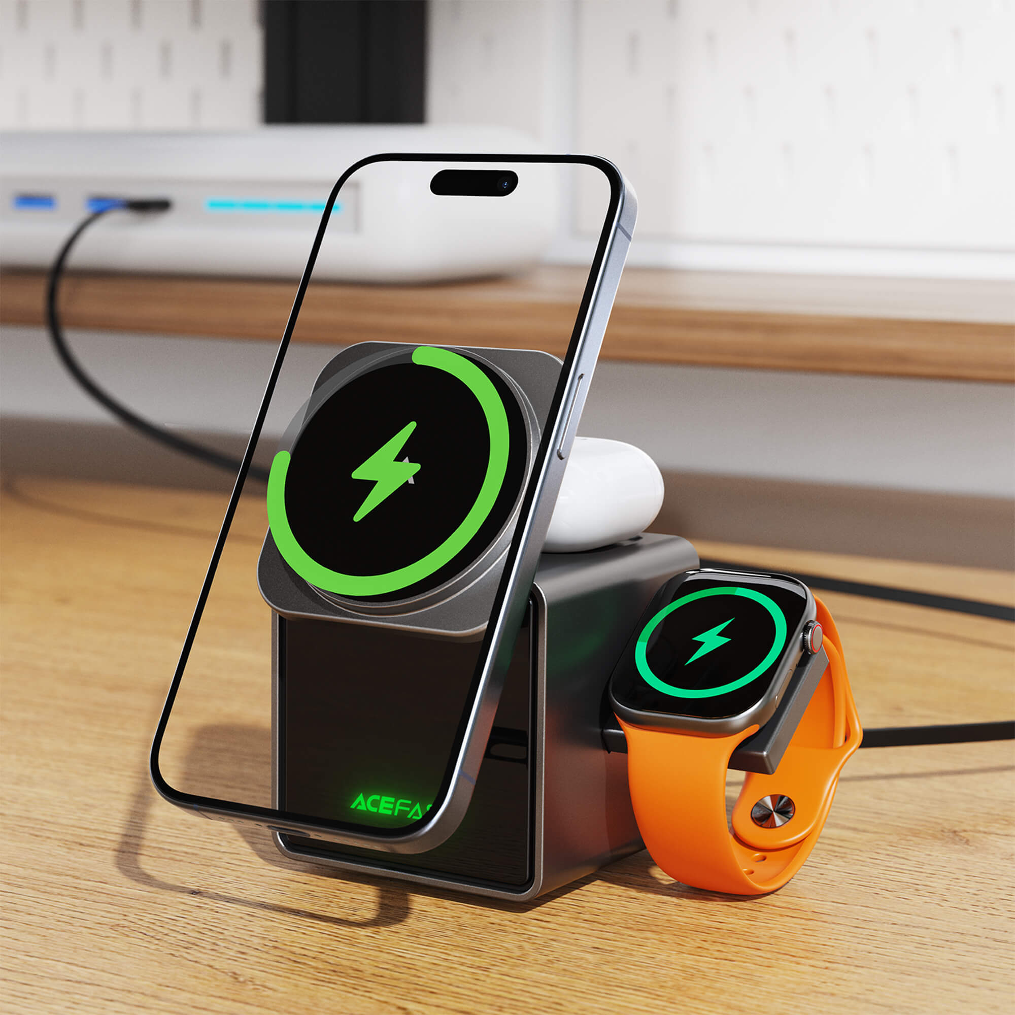 Acefast 3 in 1 Qi Wireless Charger Station with Retractable Cable for Apple Watch E34