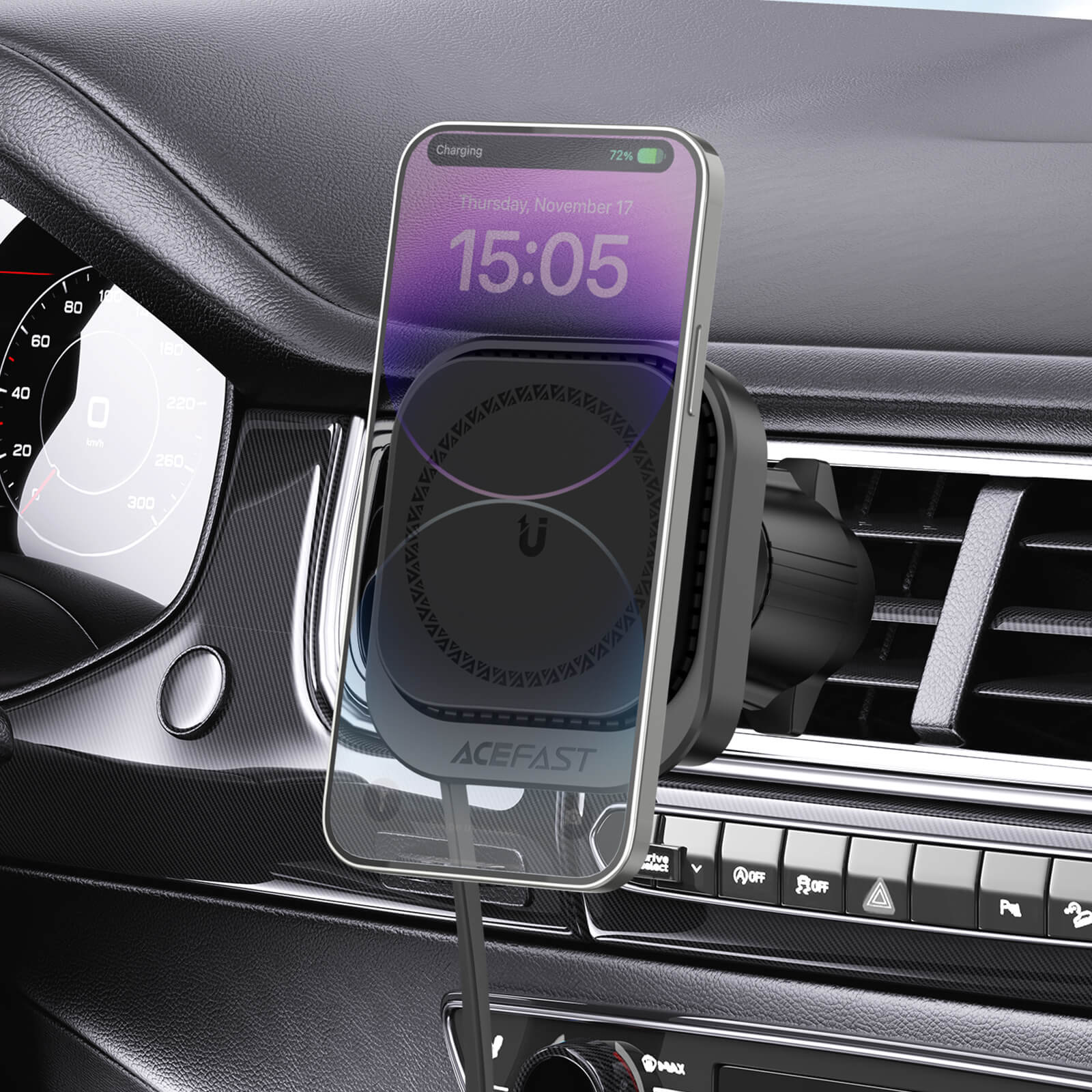 Acefast Magnetic 15W Wireless Car Charging Holder With Retractable Type-C Cable D32 Black