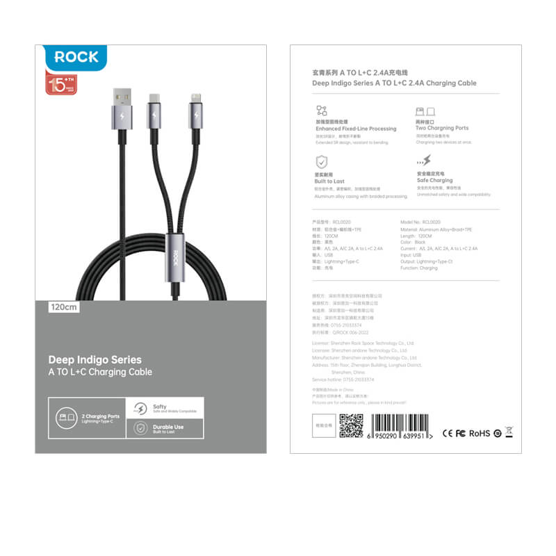 Rock 2-in-1 Charging Data Cable USB to Lightning + Type-C 2.4A 1.2m Black