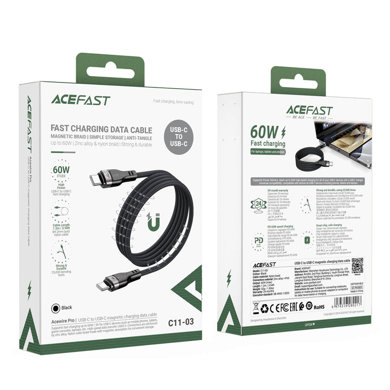 Acefast 60W Magnetic Braided Fast Charging Type C to Type C Data Cable 1.2m Black