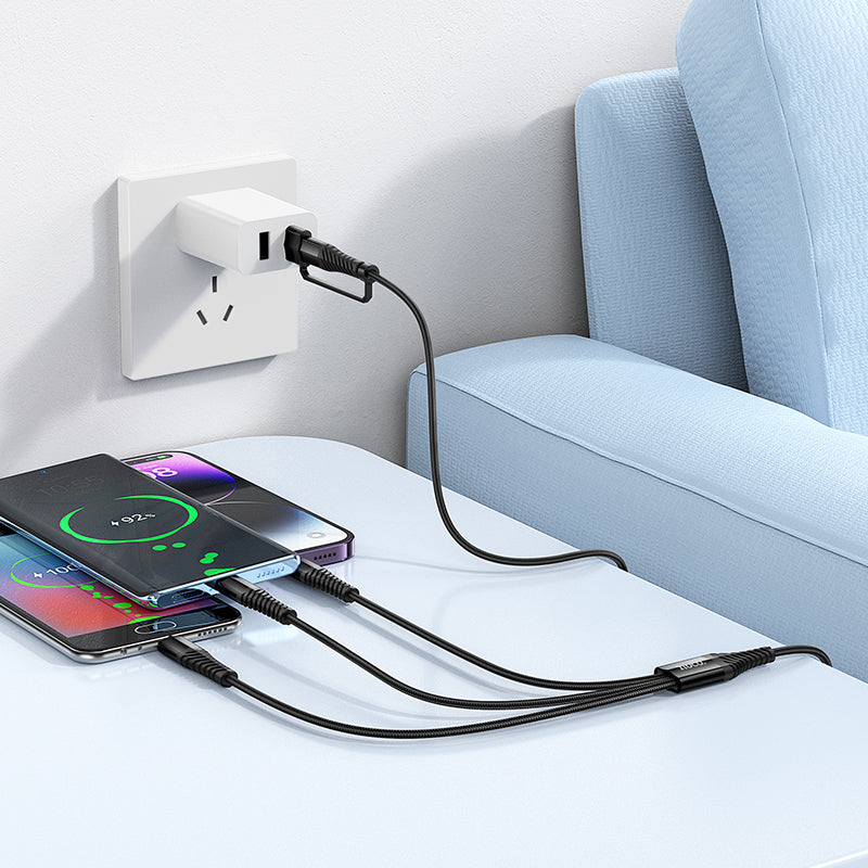 Hoco 3 in 1 Type-C & USB-A to Lightning Type C Micro Braided Charging Cable 1m X123