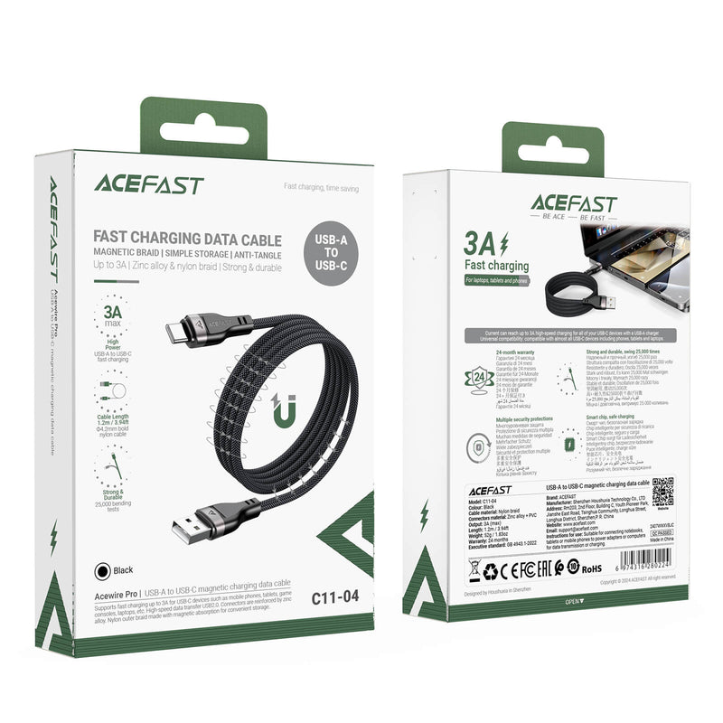 Acefast Magnetic Braided 3A Fast Charging USB-A to Type-C Data Cable 1.2m Black