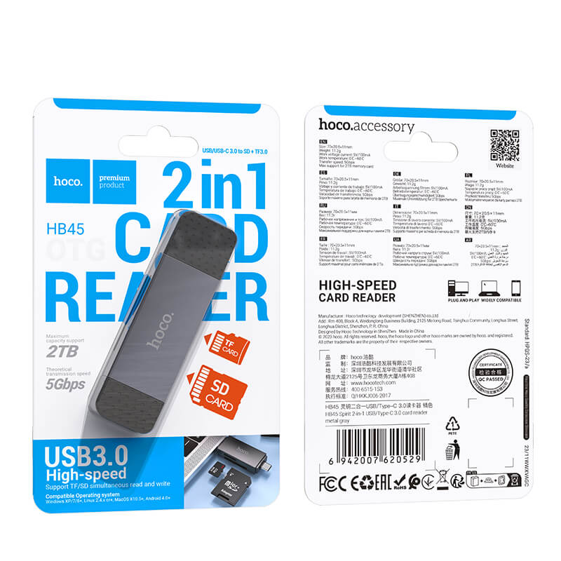 hoco USB-C & USB-A High Speed Card Reader for SD & TF Card HB45