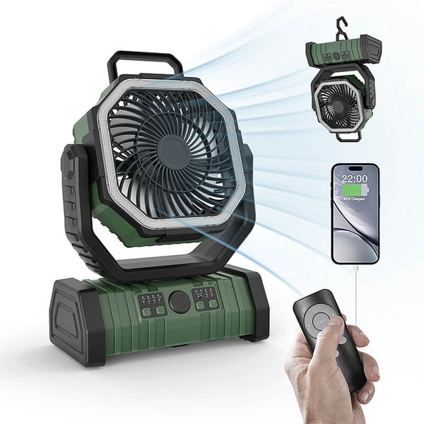 Mobie 3-in-1 Multi-Function Camping Fan with LED Lighting & 10000mAh Power Bank Green