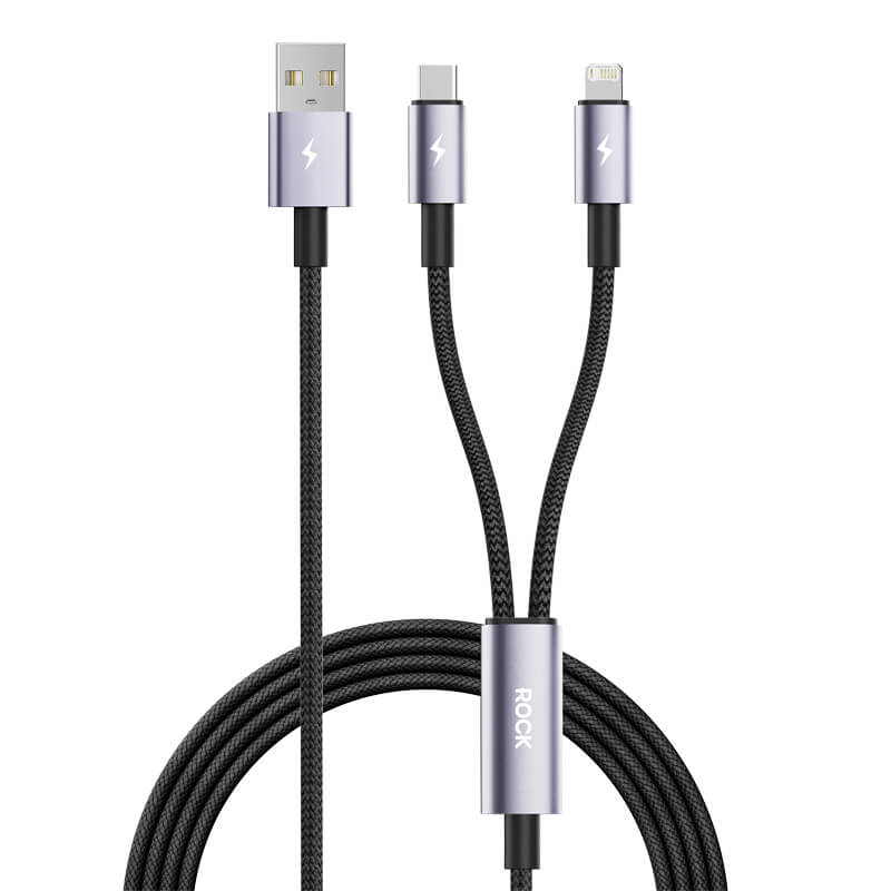 Rock 2-in-1 Charging Data Cable USB to Lightning + Type-C 2.4A 1.2m Black