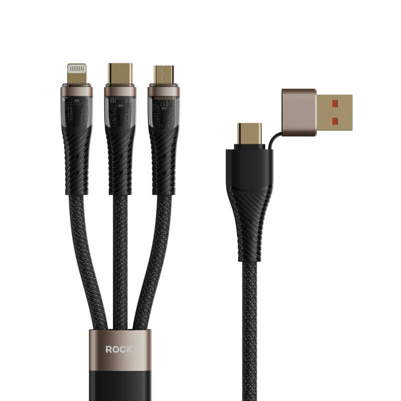 Rock 3-in-1 Fast Charging Data Cable Type-C & USB-A to Micro + Lightning + Type-C PD 100W 1.5m Black
