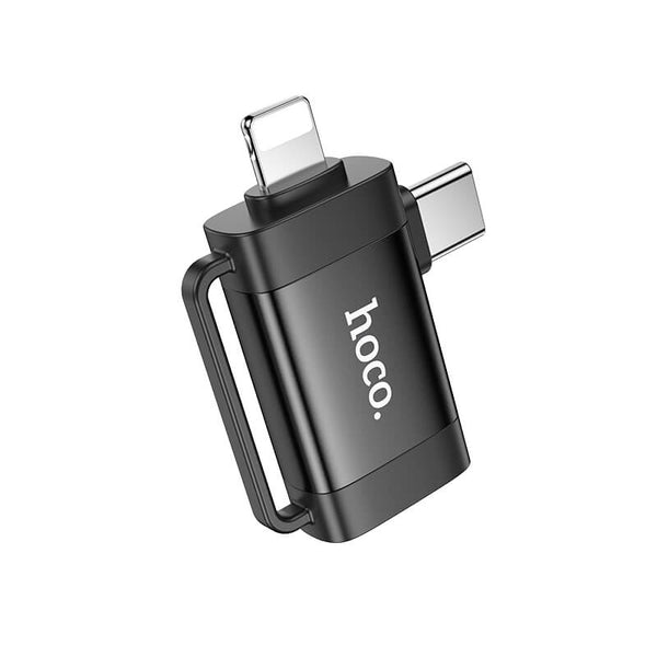 hoco. 2 in 1 Portable Mini Adapter OTG Lightning & Type-C Male to USB-A Female Black