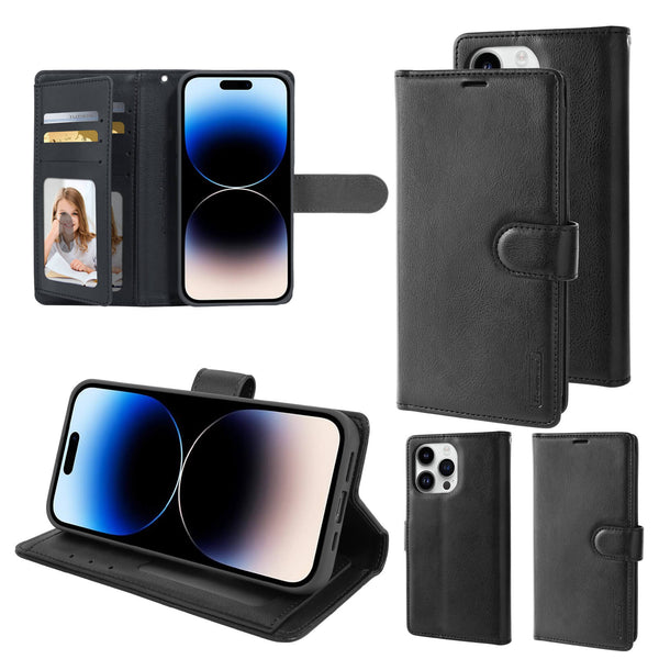 iPhone 16 Pro Max Hanman Mila Series Leather Dual Wallet Filp Case Black