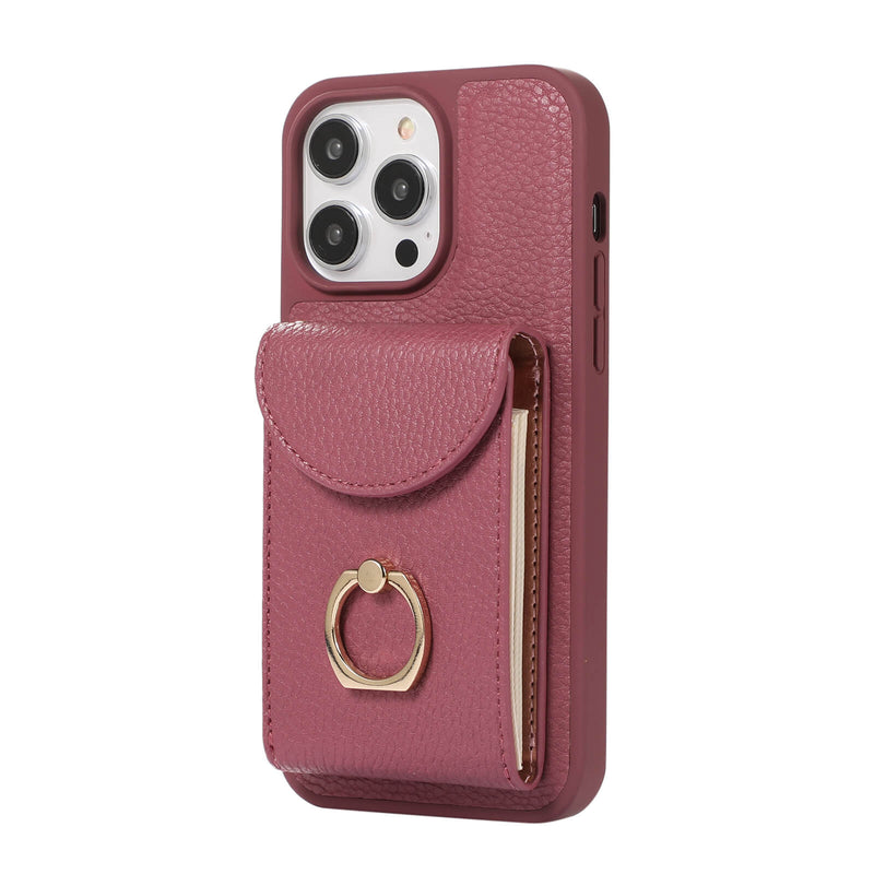 iPhone 13/14 Lychee Pattern Multi-slot Ring Card Holder Detachable Crossbody Phone Case