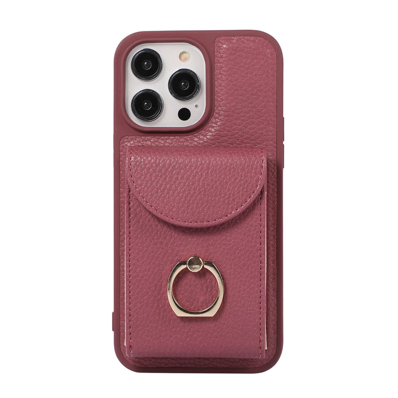 iPhone 14 Pro Lychee Pattern Multi-slot Ring Card Holder Detachable Crossbody Phone Case