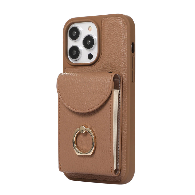 iPhone 15 Pro Max Lychee Pattern Multi-slot Ring Card Holder Detachable Crossbody Phone Case