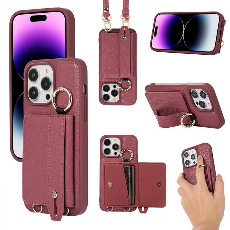 iPhone 15 Pro Lychee Pattern Wrist Strap Lanyard Card Holder Phone Case