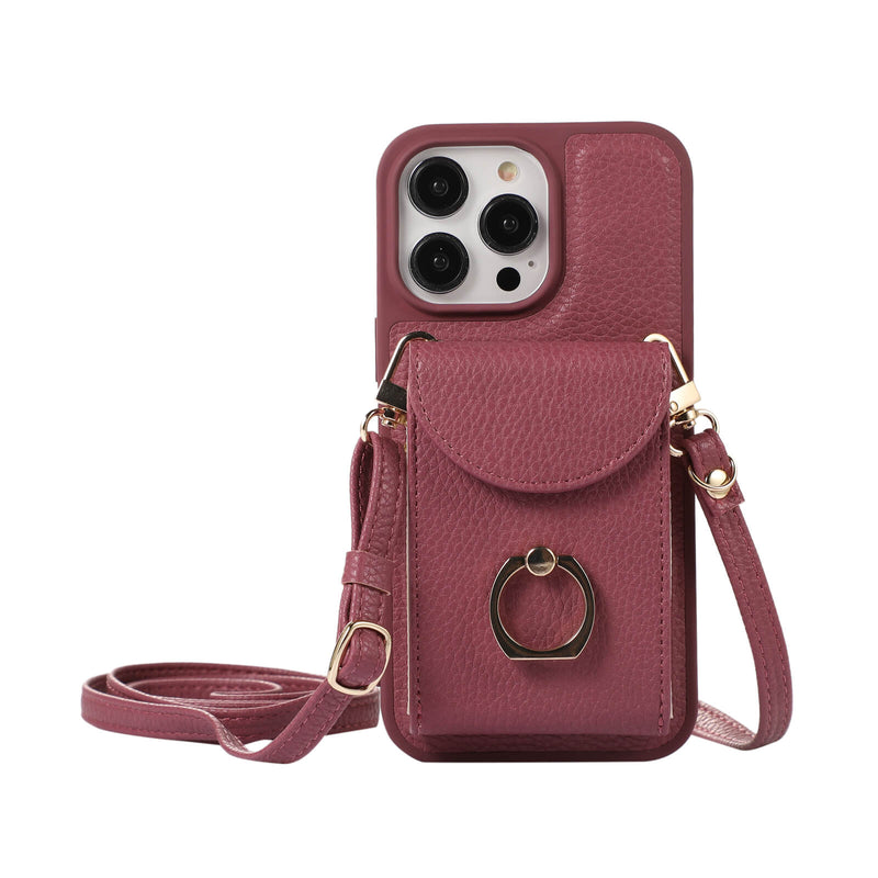 iPhone 15 Lychee Pattern Multi-slot Ring Card Holder Detachable Crossbody Phone Case