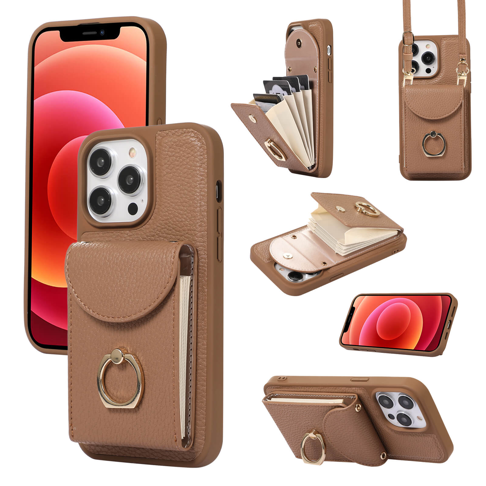 iPhone 12/12 Pro Lychee Pattern Multi-slot Ring Card Holder Detachable Crossbody Phone Case