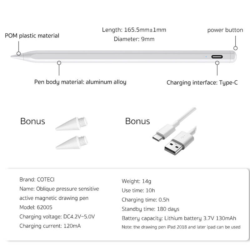 Coteci Oblique Pressure Sensitive Active Magnetic Drawing Stylus Pen Compatible with All Touch Screens 62005