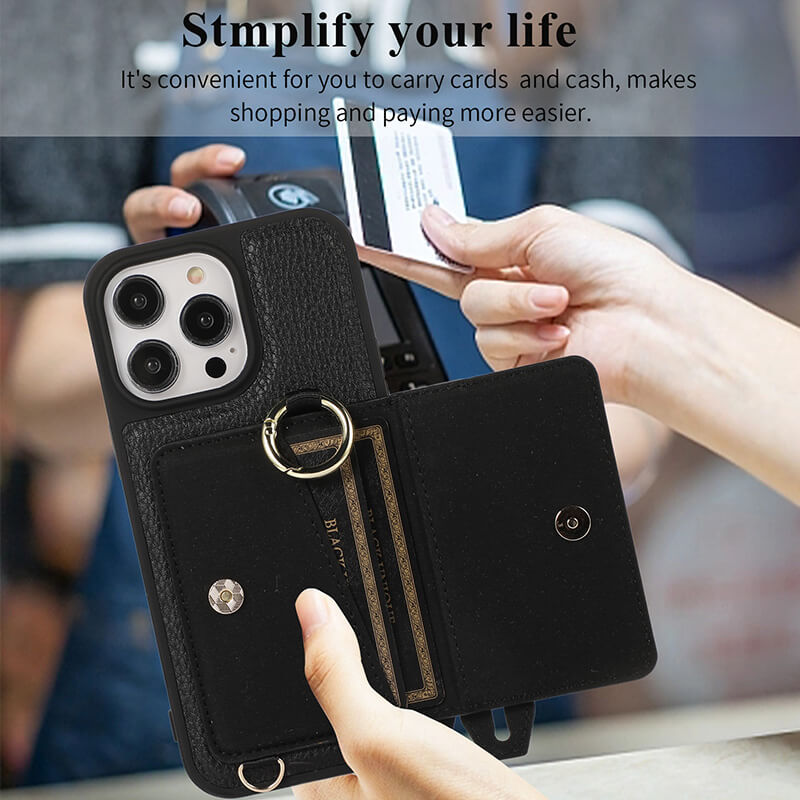 iPhone 11 Lychee Pattern Case Mobie Wrist Strap Card Holder