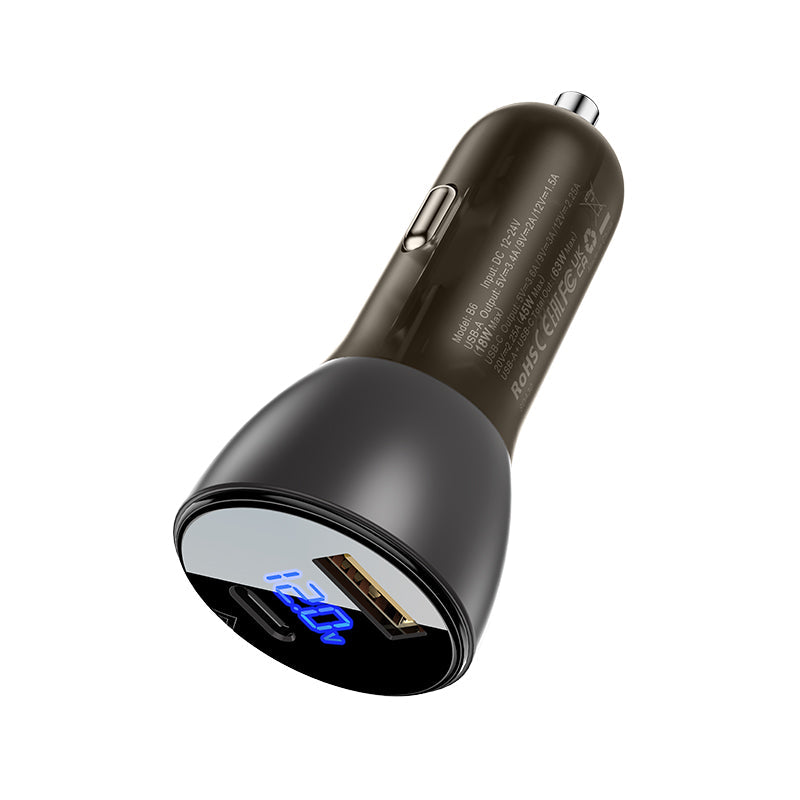 Acefast Metal Car Charger 63W (USB-A+USB-C) With Digital Display B6