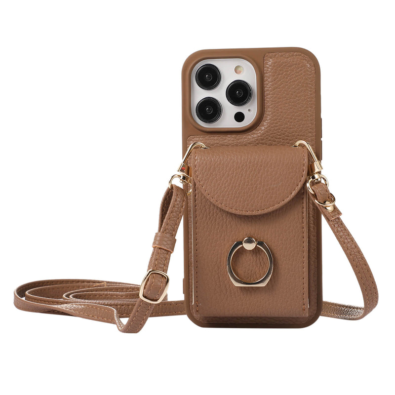 iPhone 15 Pro Max Lychee Pattern Multi-slot Ring Card Holder Detachable Crossbody Phone Case