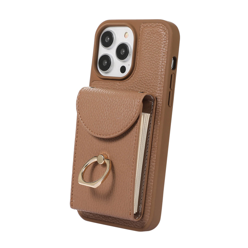 iPhone 15 Pro Lychee Pattern Multi-slot Ring Card Holder Detachable Crossbody Phone Case