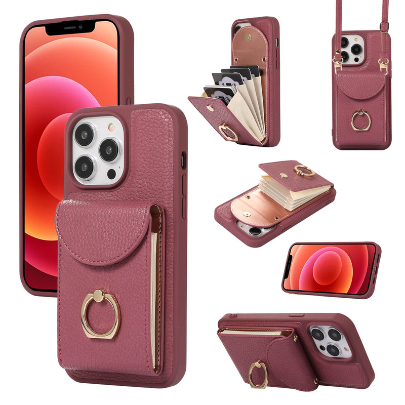 iPhone 15 Lychee Pattern Multi-slot Ring Card Holder Detachable Crossbody Phone Case