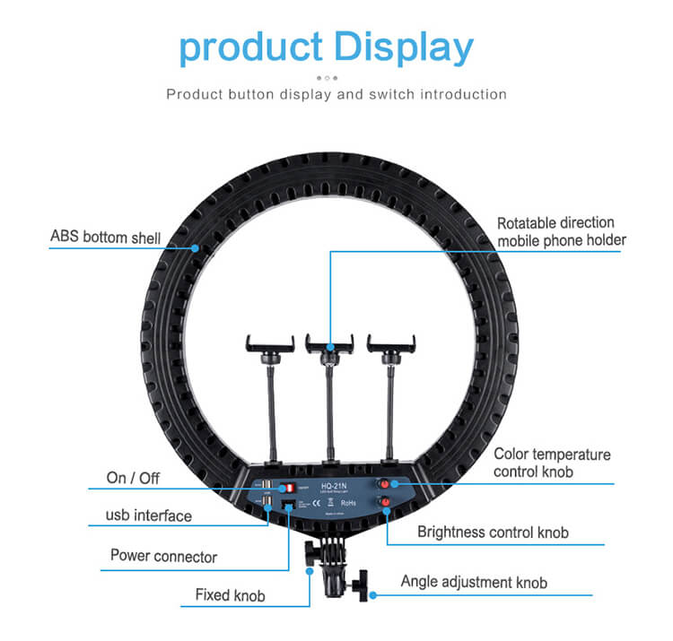 HQ 21 inch(53cm) LED Soft Ring Light with 1.9M Tripod Stand & 3 Phone Holders