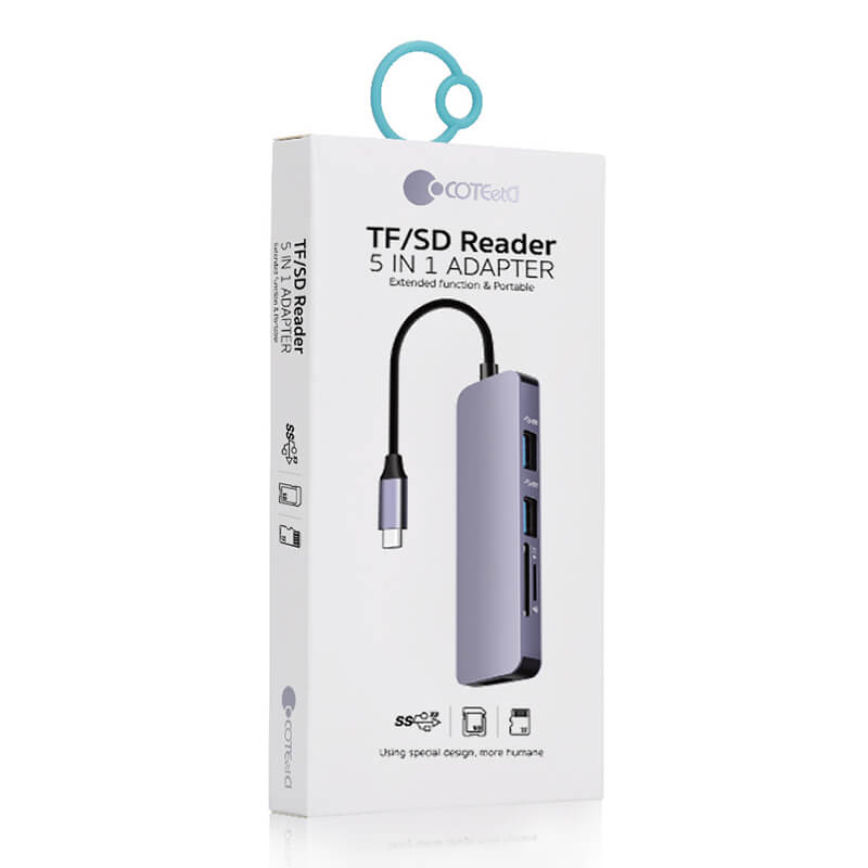 Coteci 5-in-1 Type-C Adapter TF/SD Card Reader MB1082